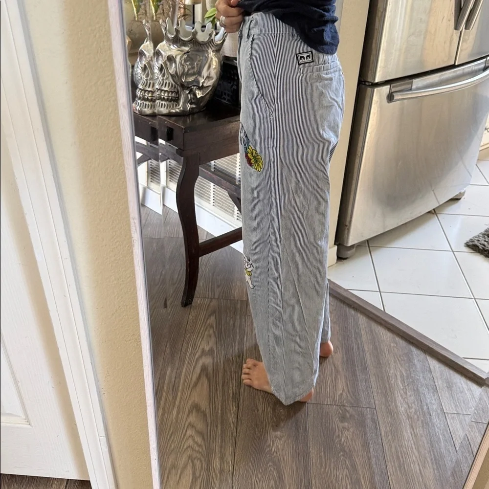 OBEY WOMEN'S HARU BAGGY PANTS striped embroidered size 25